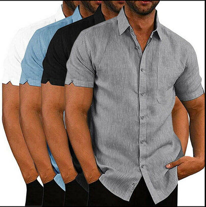 Chemise à manches courtes en lin pour homme, avec poches