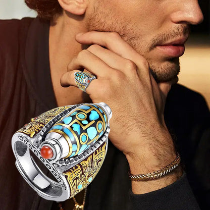 Mantra à six caractères turquoise Bague avec perle Dzi à neuf yeux