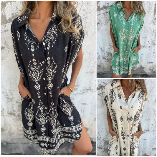 💞52% de réduction💞Classic robe en coton lin imprimé