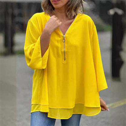 🔥New Arrival Hot Sale 🔥Tops doux à col en V double couche avec fermeture à glissière et manches 3/4