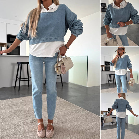 🩵Livraison gratuite🩵Ensemble deux pièces à la mode composé d'un haut en jean à manches longues et d'un pantalon pour femmes
