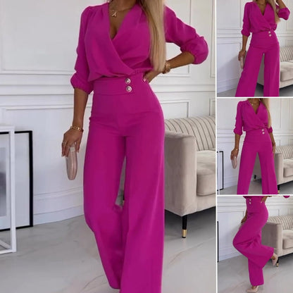 💕Durée limitée -50 %💕Ensemble décontracté à col en V et couleur unie pour femme