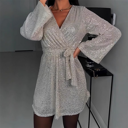 🔥Offre à durée limitée - Robe longue à manches longues et col en V scintillant pour femme, avec ceinture à nouer à la taille