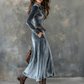 Robe longue à manches longues en velours pour femme