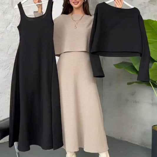 Ensemble deux pièces en maille pour femme : robe midi débardeur et crop top 🚛 Livraison gratuite