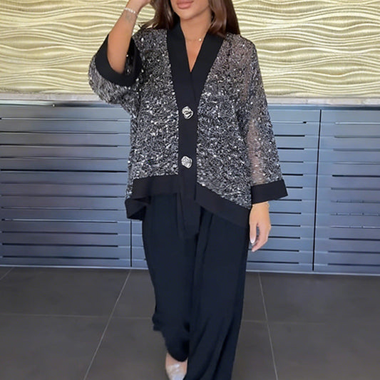 ✈️Livraison gratuite✈️Ensemble 2 pièces pour femme comprenant un cardigan à col en V et à paillettes et un pantalon à jambes larges