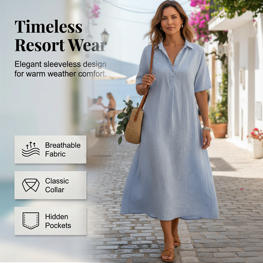 💗 Robe en coton et lin à col V boutonné pour femme 💗