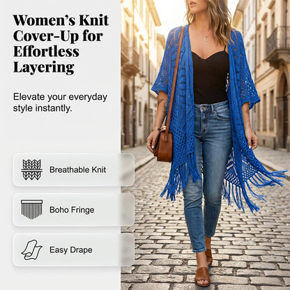 🌸🦋🌼 OFFRE LIMITÉE 55% DE RÉDUCTION! Poncho/Pareo Bohème en Maille Ajourée pour Femme – Ouverture Devant avec Pompons et Franges, Tissu Léger, Idéal pour les Jours Ensoleillés, les Vacances et le Quotidien Chic ✨🎶