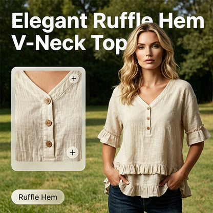 Haut à col en V et ourlet à volants pour femme – Coupe taille haute, léger et respirant, manches trois-quarts – Taille fluide et tombante, respirant et romantique