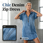 ⌛Offre à durée limitée⏰ - Robe en jean ample à col et fermeture éclair pour femme, avec poches