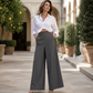 ⌛Offre à durée limitée🛍️Pantalon pour femmes à taille haute, très extensible et à jambes larges, avec passepoil de couleur contrastante
