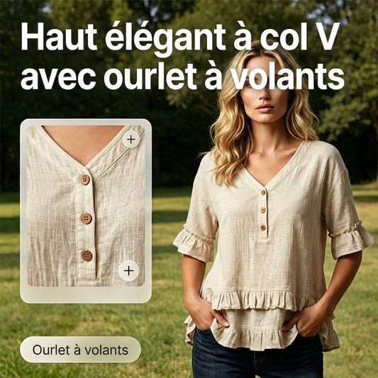 Haut à col en V et ourlet à volants pour femme – Coupe taille haute, léger et respirant, manches trois-quarts – Taille fluide et tombante, respirant et romantique