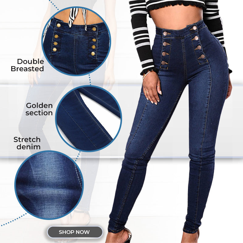 Achetez-en 2, livraison gratuite Jean skinny taille haute à double boutonnage-2